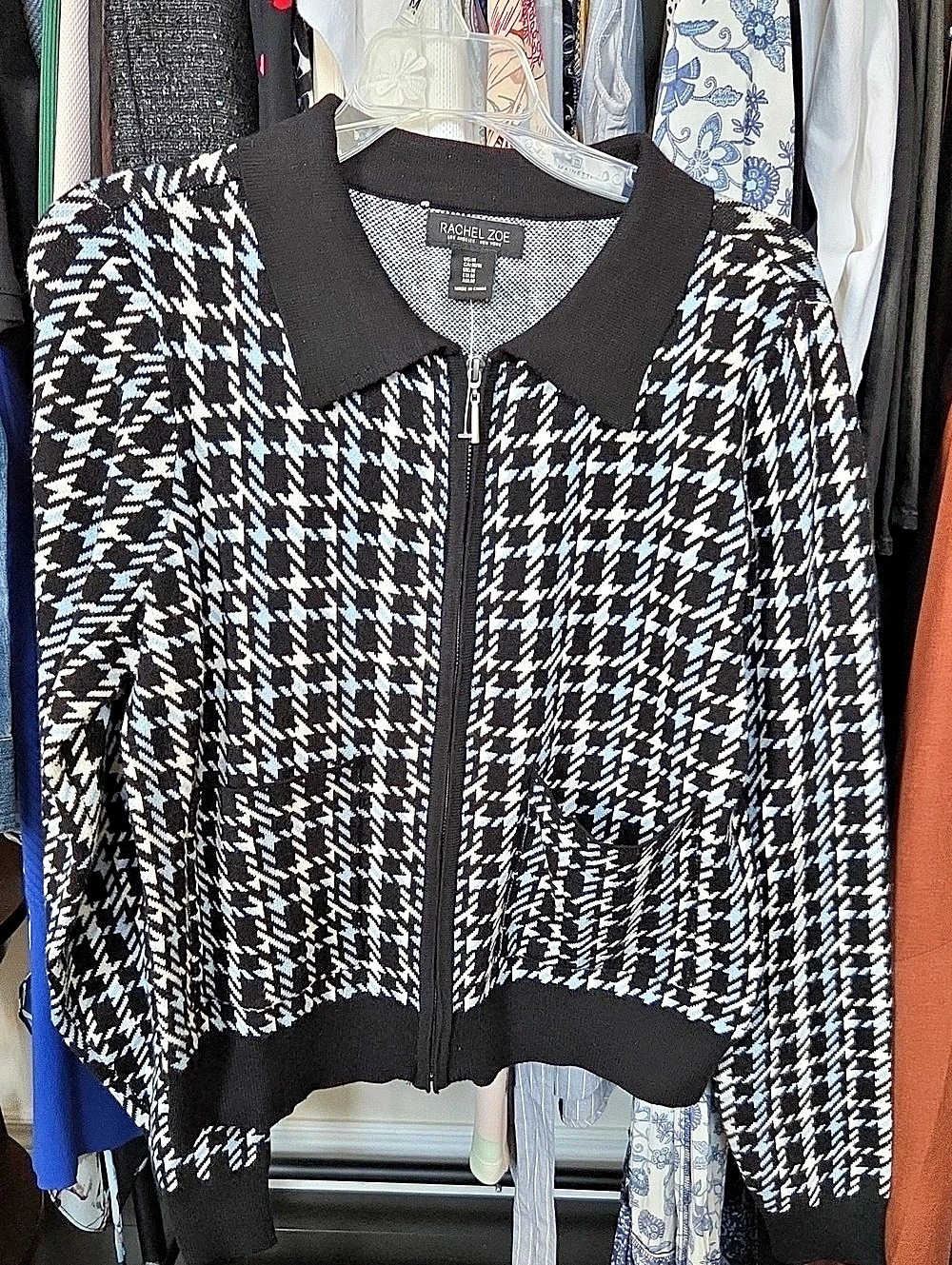 Rachel Zoe Houndstooth Zip Cardigan in Black & Blue Size Medium NWT